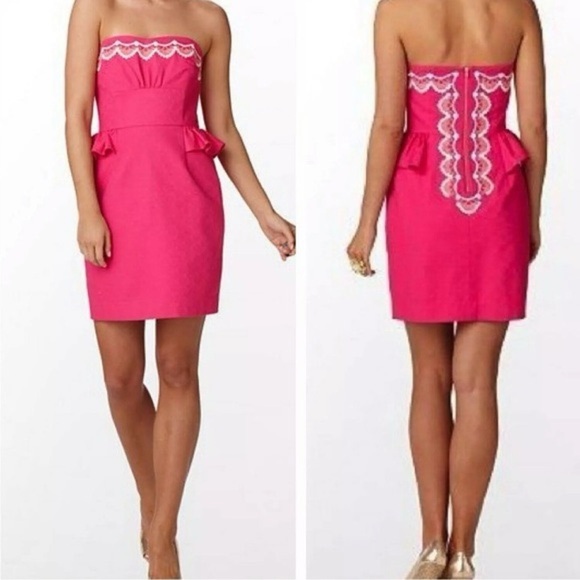 Lilly Pulitzer Azalea Pink Strapless Embroidered Peplum Maybell Dress 4 - Picture 2 of 16